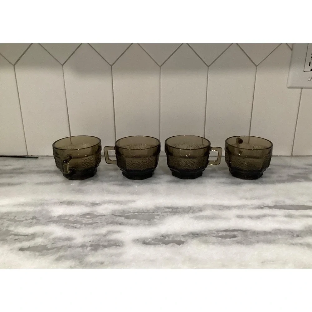 Vintage Anchor Hocking‎ Brown Octagon Textured Cups Set of 4